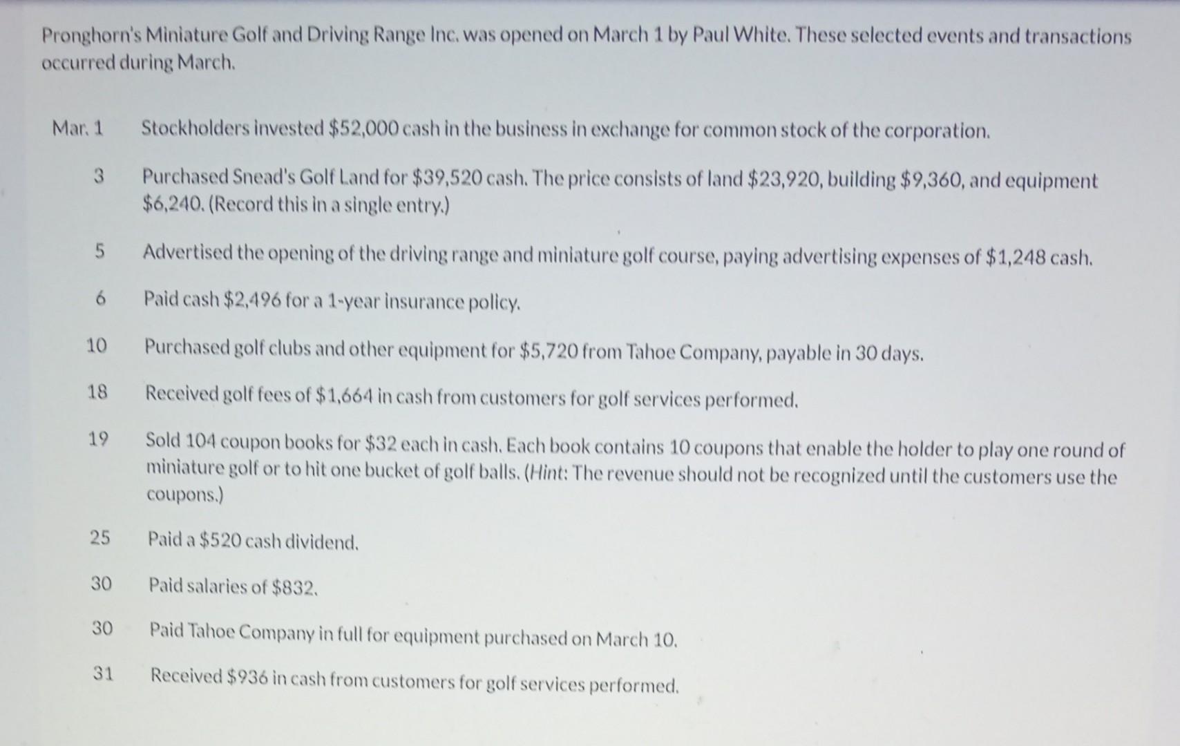 Pronghorns Miniature Golf and Driving Range Inc. was opened on March 1 by Paul White. These selected events and transactions