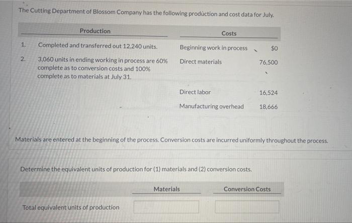 The Cutting Department of Blossom Company has the following production and cost data for July.ProductionCosts1.$0Complet