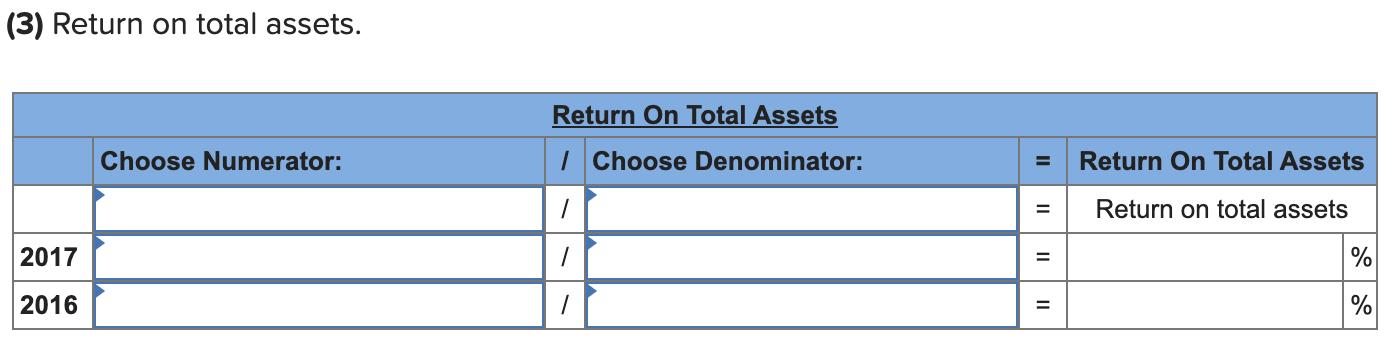 (3) Return on total assets. Return On Total Assets Choose Numerator: I Choose Denominator: == Return On Total Assets 1II Re