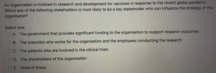 An organization is involved in research and development for vaccines in response to the recent global pandemic.Which one of