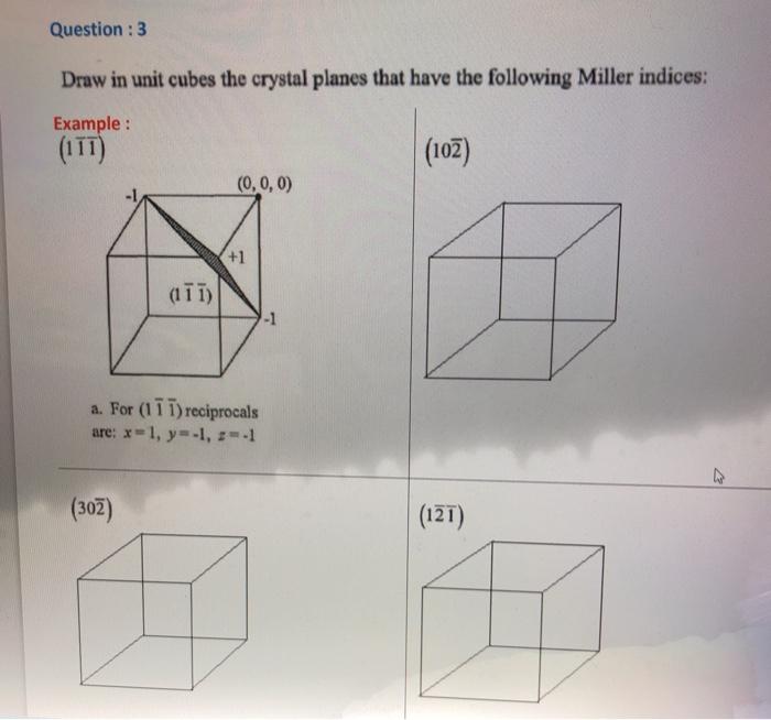 Question :3 Draw in unit cubes the crystal planes that have the following Miller indices: Example : (171) (102) (0,0,0) +1 (1