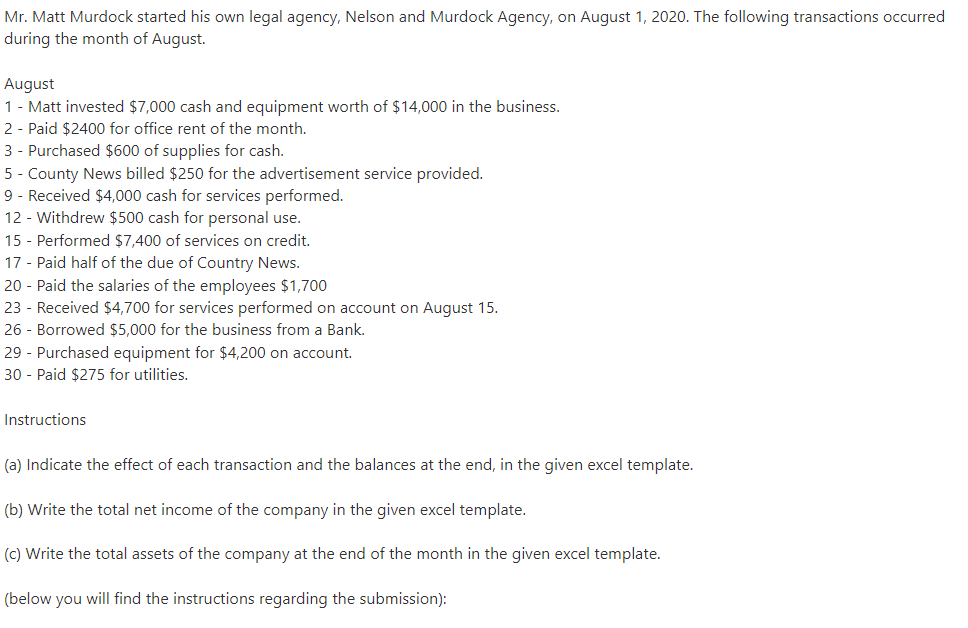 Mr. Matt Murdock started his own legal agency, Nelson and Murdock Agency, on August 1, 2020. The following transactions occur