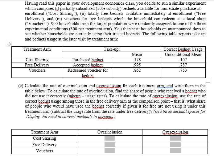 Having read this paper in your development economics class, you decide to run a similar experimentwhich compares () partiall