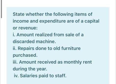 State whether the following items ofincome and expenditure are of a capitalor revenue:i. Amount realized from sale of adi