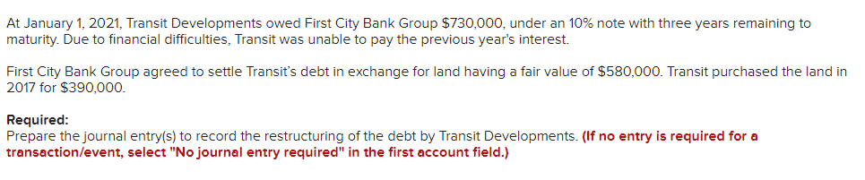 At January 1, 2021, Transit Developments owed First City Bank Group $730,000, under an 10% note with three years remaining to