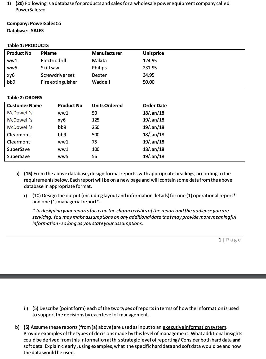 1) (20) Following is a database for products and sales for a wholesale power equipment company called