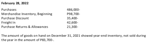 February 28, 2022PurchasesMerchandise Inventory, BeginningPurchase DiscountFreight inPurchase Returns & Allowances486,0