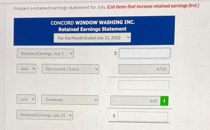 Prepare a retained earnings statement for July. (List items that increase retained earnings first.)CONCORD WINDOW WASHING IN