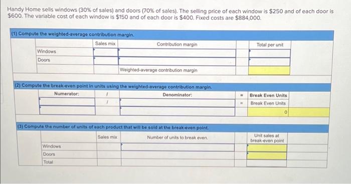 Handy Home sells windows (30% of sales) and doors (70% of sales). The selling price of each window is $250 and of each door i