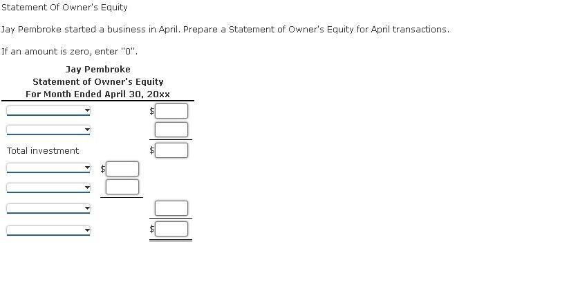 Statement of Owners Equity Jay Pembroke started a business in April. Prepare a Statement of Owners Equity for April transac