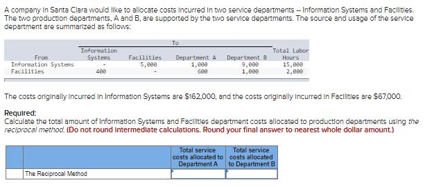 A company in Santa Clara would like to allocate costs incurred in two service departments -- Information Systems and Faciliti