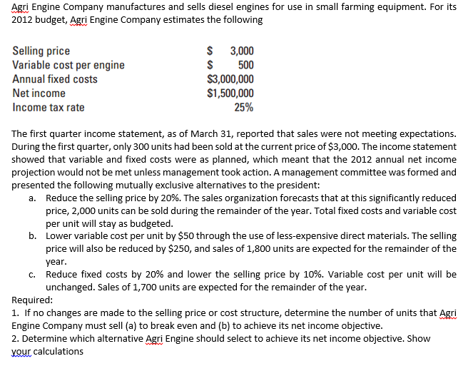 Agri Engine Company manufactures and sells diesel engines for use in small farming equipment. For its2012 budget, Agri Engin