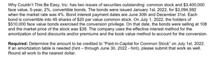 Why couldnt This Be Easy, Inc. has two issues of securities outstanding: common stock and $3,400,000face value, 5-year, 2%,