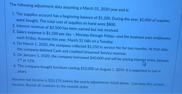The following adjustment data assuming a March 31, 2020 year end is:1. The supplies account has a beginning balance of $1,20