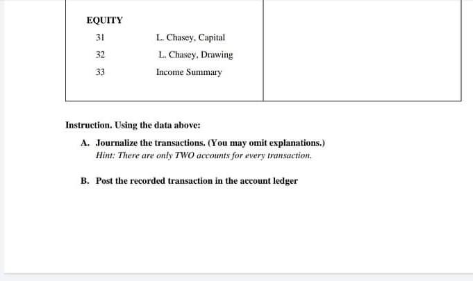 EQUITY313233L. Chasey, CapitalL. Chasey, DrawingIncome SummaryInstruction. Using the data above:A. Journalize the tra