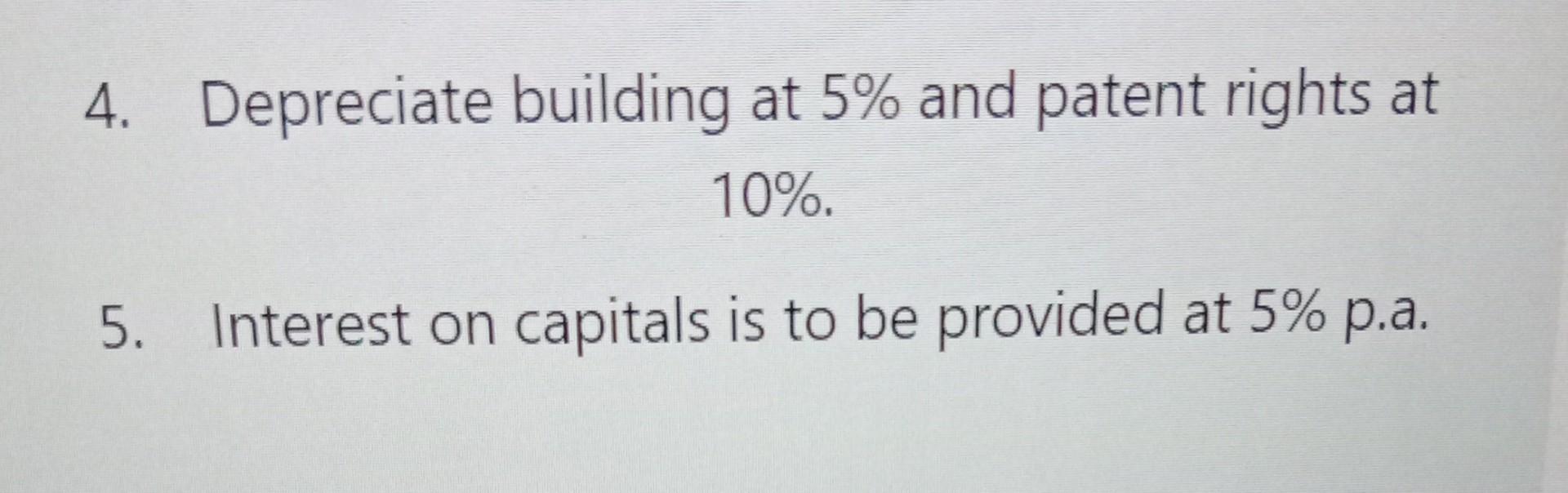 4. Depreciate building at 5% and patent rights at10%.5. Interest on capitals is to be provided at 5% p.a.