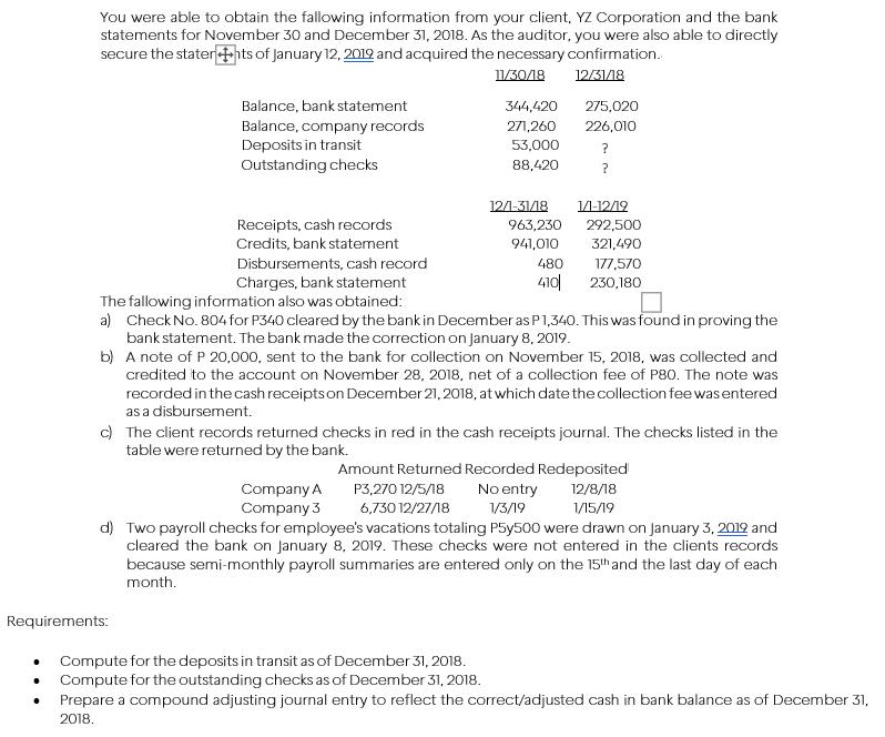 You were able to obtain the fallowing information from your client, YZ Corporation and the bank statements for November 30 an