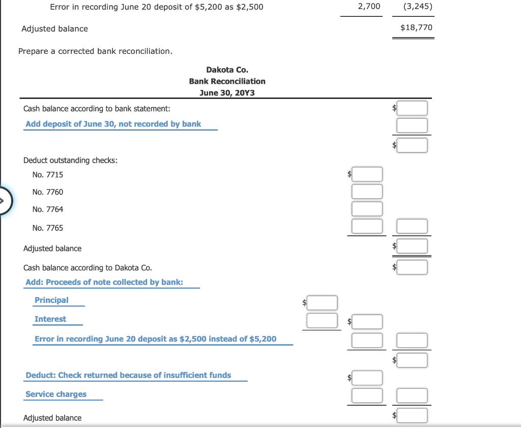 Error in recording June 20 deposit of $5,200 as $2,500 2,700 (3,245) Adjusted balance $18,770 Prepare a corrected bank reconc