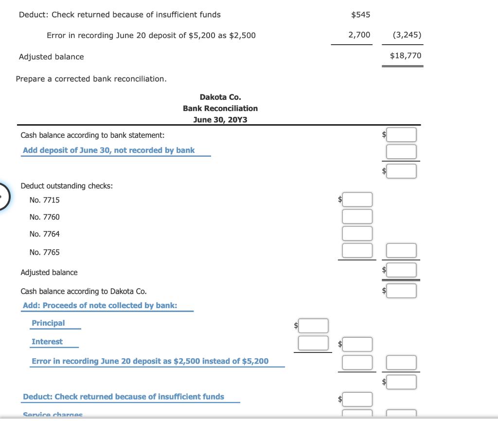 Deduct: Check returned because of insufficient funds $545 Error in recording June 20 deposit of $5,200 as $2,500 2,700 (3,245