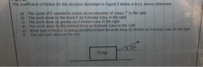 The coefficient of friction for the situation illustrated in Figure 2 below is 0.22, hence determinea) The value of F needed