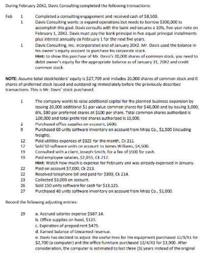 During February 20X2, Davis Consulting completed the following transactions: 1 Feb 1 Completed a consulting