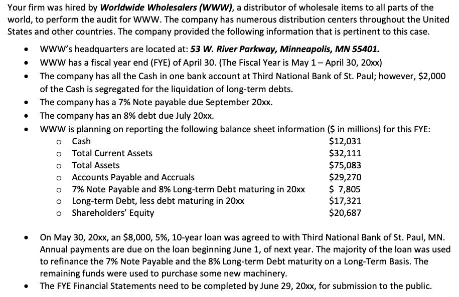 Your firm was hired by Worldwide Wholesalers (www), a distributor of wholesale items to all parts of the world, to perform th