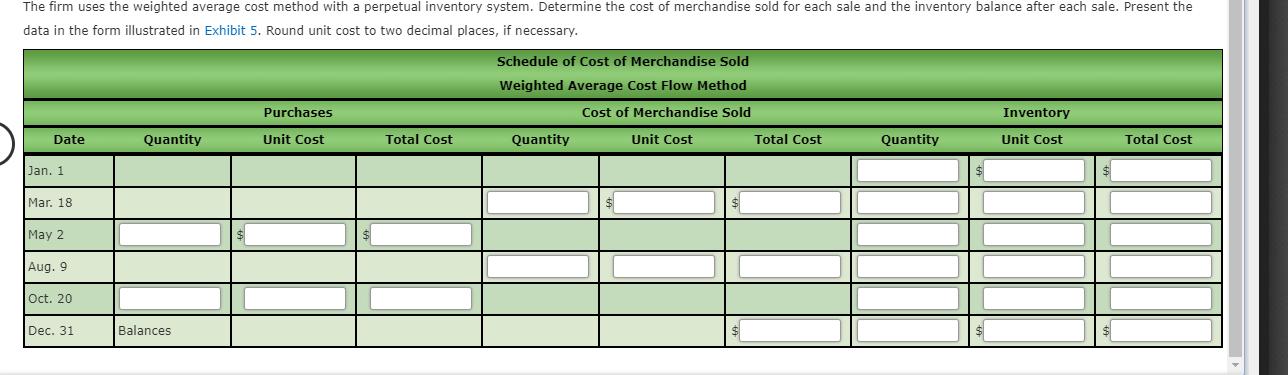 The firm uses the weighted average cost method with a perpetual inventory system. Determine the cost of merchandise sold for