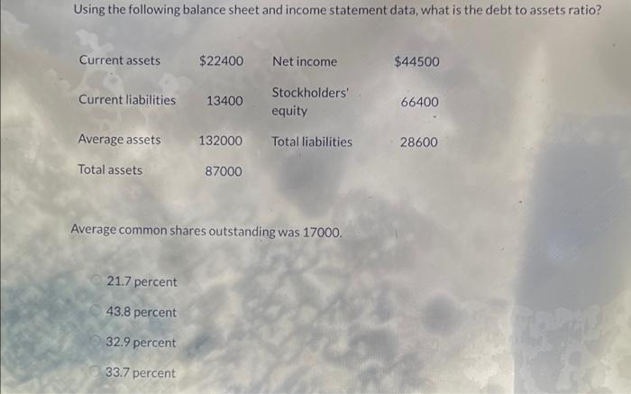 Using the following balance sheet and income statement data, what is the debt to assets ratio?Current assets$22400Net inco