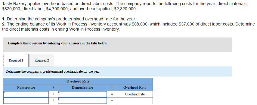 Tasty Bakery applies overhead based on direct labor costs. The company reports the following costs for the year: direct mater