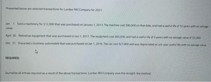 Presented below are selected transactions for Lumber Mill Company for 2021Jan. 1 Sold a machinery for $12,000 that was purch