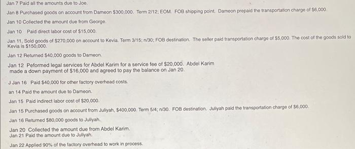 Jan 7 Paid all the amounts due to Joe. Jan 8 Purchased goods on account from Dameon $300,000. Term 2/12, EOM FOB shipping poi
