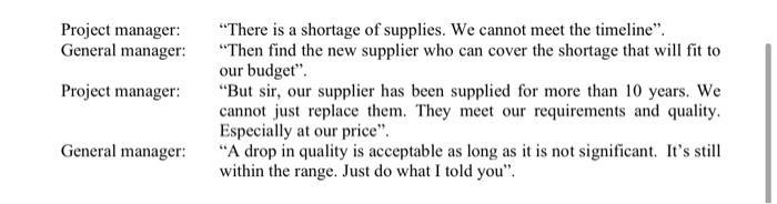 Project manager: General manager: Project manager: There is a shortage of supplies. We cannot meet the timeline. Then find