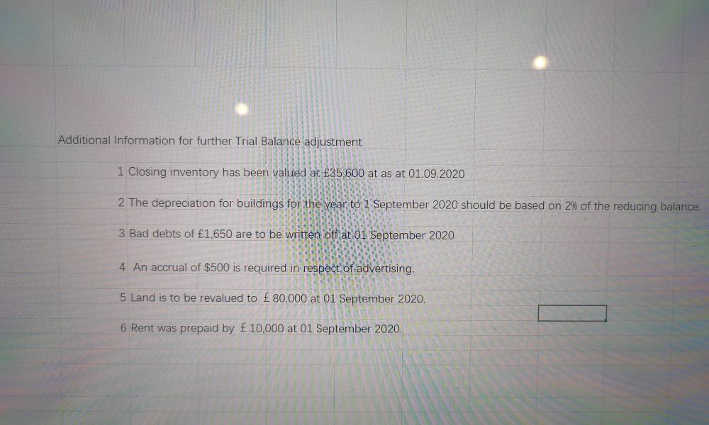 Additional Information for further Trial Balance adjustment1 Closing inventory has been valued at £35,600 at as at 01.09.202