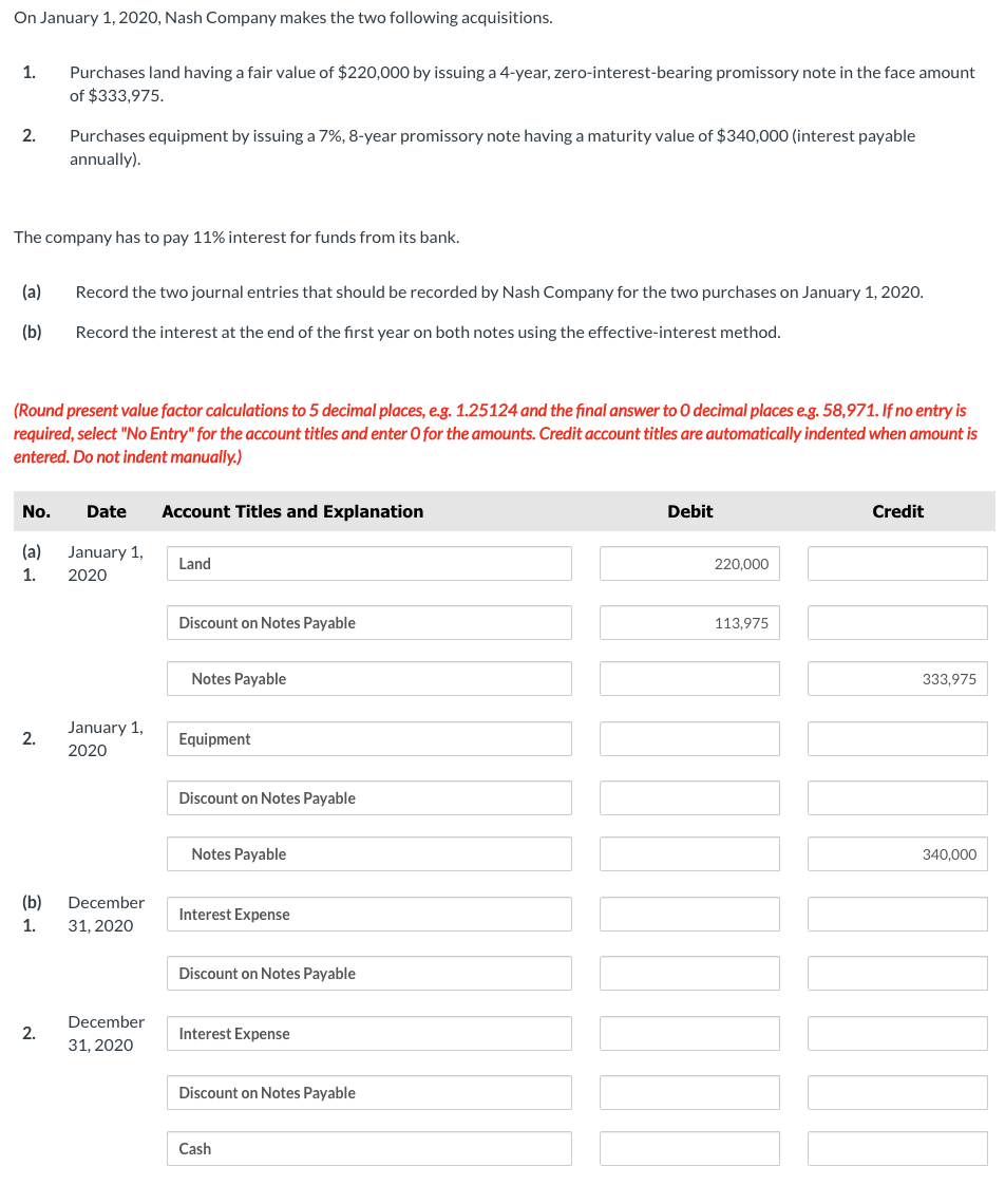 On January 1, 2020, Nash Company makes the two following acquisitions.1.Purchases land having a fair value of $220,000 by i