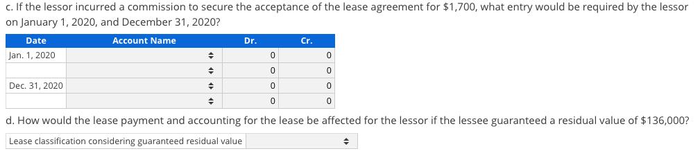 c. If the lessor incurred a commission to secure the acceptance of the lease agreement for $1,700, what entry would be requir