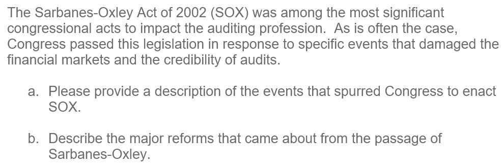 The Sarbanes-Oxley Act of 2002 (SOX) was among the most significantcongressional acts to impact the auditing profession. As