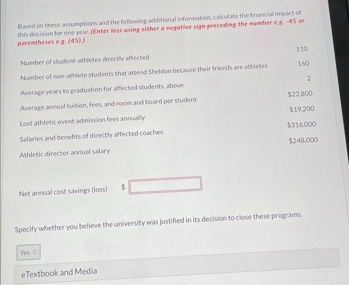 Based on these assumptions and the following additional information calculate the financial impact ofthis decision for one y