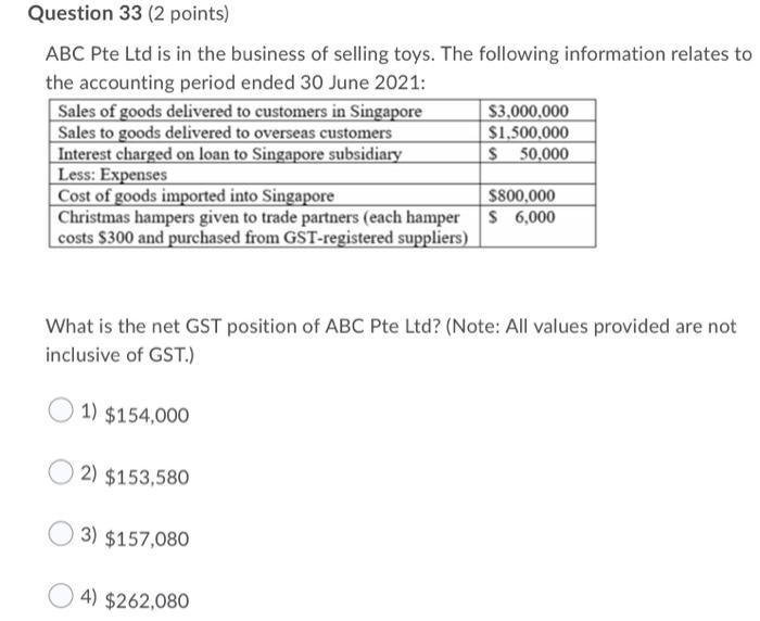 Question 33 (2 points) ABC Pte Ltd is in the business of selling toys. The following information relates to the accounting pe