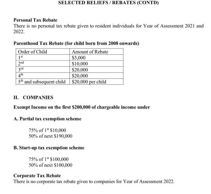 SELECTED RELIEFS / REBATES (CONTD) Personal Tax Rebate There is no personal tax rebate given to resident individuals for Year