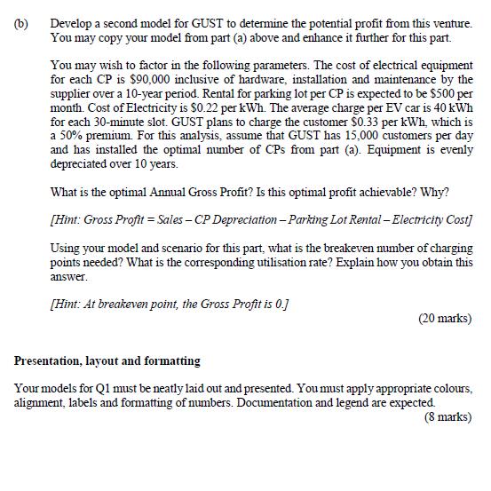 (b)Develop a second model for GUST to determine the potential profit from this venture.You may copy your model from part (a