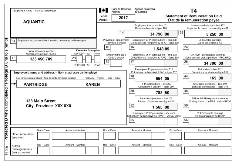 Protected B when completed / Protg B une fois rempli T4 (13) Employer's name - Nom de l'employeur AQUANTIC 54