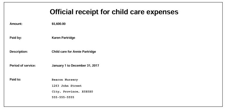 Amount: Paid by: Description: Period of service: Paid to: Official receipt for child care expenses $5,600.00