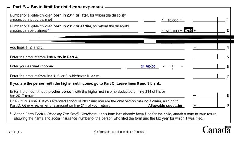 Part B - Basic limit for child care expenses Number of eligible children born in 2011 or later, for whom the