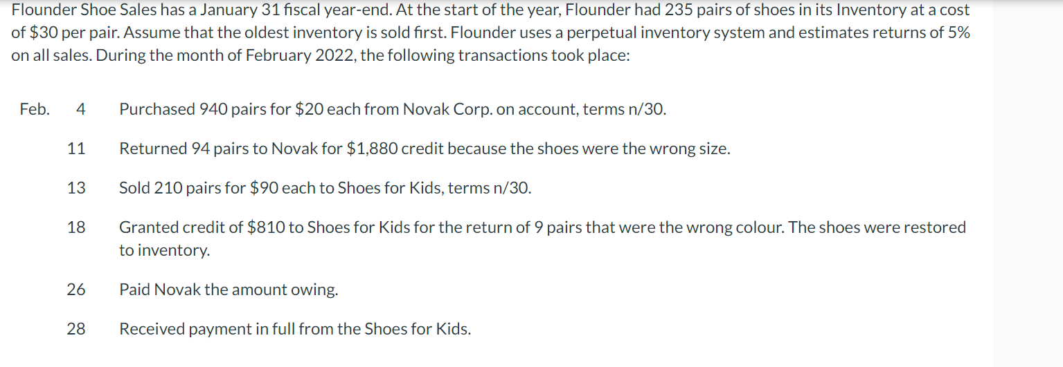 Flounder Shoe Sales has a January 31 fiscal year-end. At the start of the year, Flounder had 235 pairs of shoes in its Invent