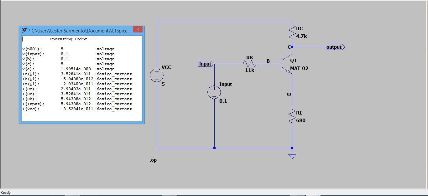 1 * C:UsersLester SarmientoDocumentsLTspice...--- Operating Point ---RC4.7kCoutputvoltageRBBinputQ1MAT-02VCC