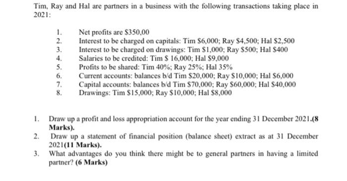 Tim, Ray and Hal are partners in a business with the following transactions taking place in2021:1. Net profits are $350,00