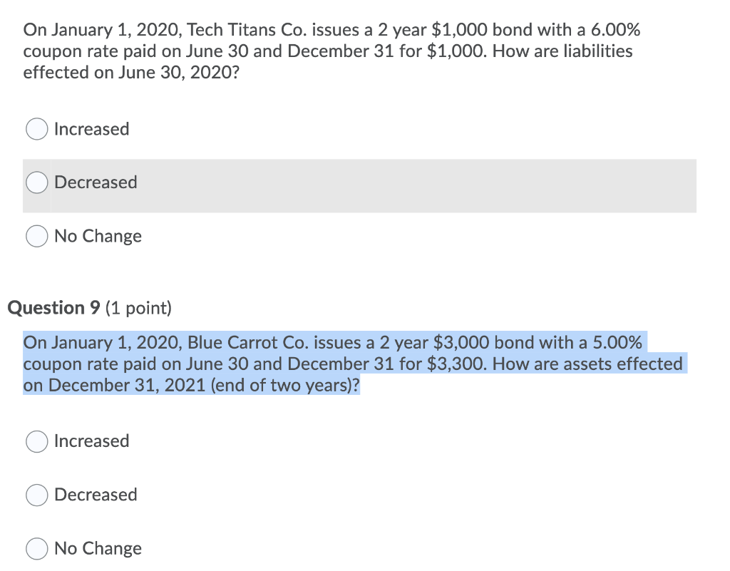 On January 1, 2020, Tech Titans Co. issues a 2 year $1,000 bond with a 6.00%coupon rate paid on June 30 and December 31 for