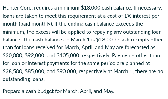 Hunter Corp. requires a minimum $18,000 cash balance. If necessary,loans are taken to meet this requirement at a cost of 1%
