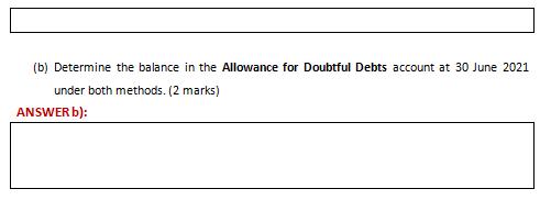 (b) Determine the balance in the Allowance for Doubtful Debts account at 30 June 2021 under both methods. (2 marks) ANSWER b)