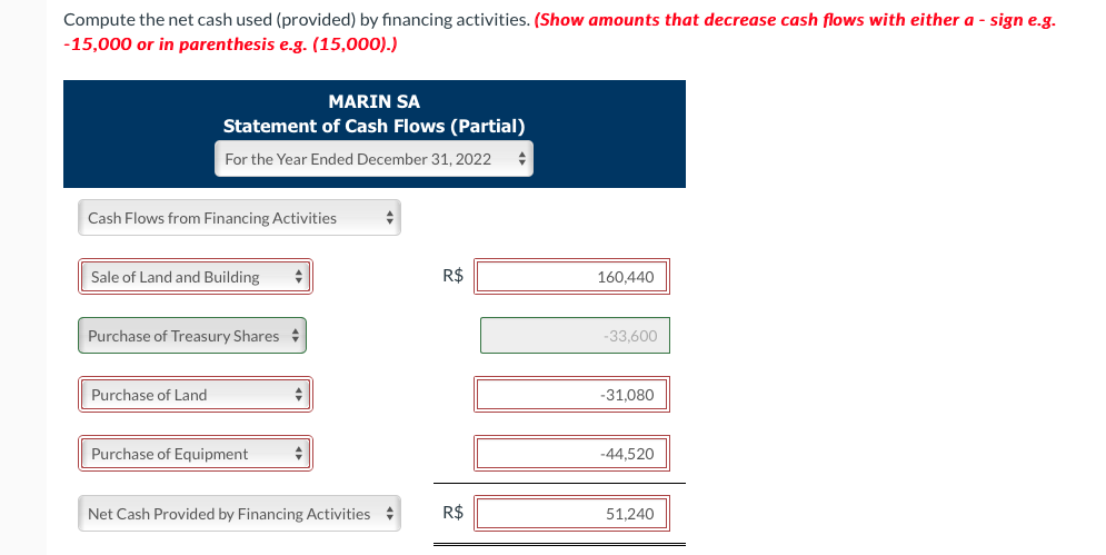 Compute the net cash used (provided) by financing activities. (Show amounts that decrease cash flows with either a - sign e.g